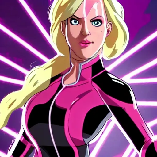 Prompt: A still of Gwenpool in Deadpool 3 (2023), no mask, blonde hair with pink highlights
