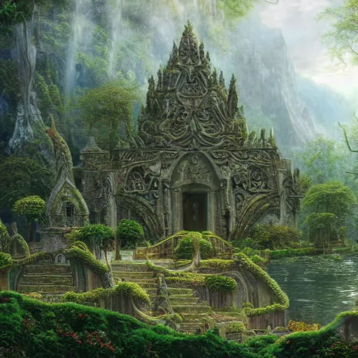 Prompt: a beautiful and highly detailed matte painting of an elven temple in a magical fantasy garden in a lush forest in the mystical mountains, celtic knots, intricate details, epic scale, insanely complex, 8 k, sharp focus, hyperrealism, very realistic, by caspar friedrich, albert bierstadt, james gurney, brian froud,