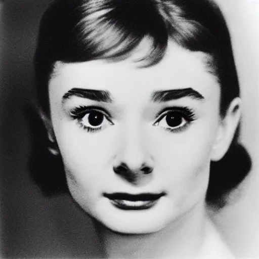 Image similar to photo of young Audrey Hepburn by Diane Arbus, extreme closeup, black and white, high contrast, Rolleiflex, 55mm f/4 lens