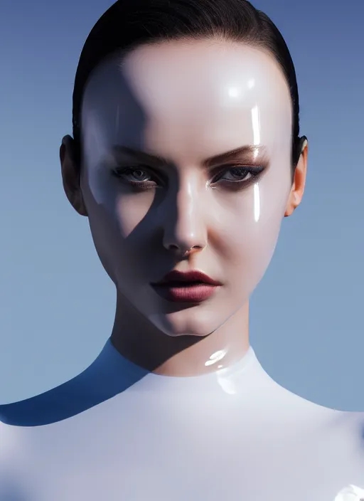 Prompt: full body of a fierce nubile young woman with reflections in her eyes and slicked hair, wearing futuristic white latex bodysuit and mask, clear skin, elegant, graceful, fashionable, 5 0 mm, cinematic, hyperdetailed illustration by irakli nadar and alexandre ferra, depth of field, global illumination,