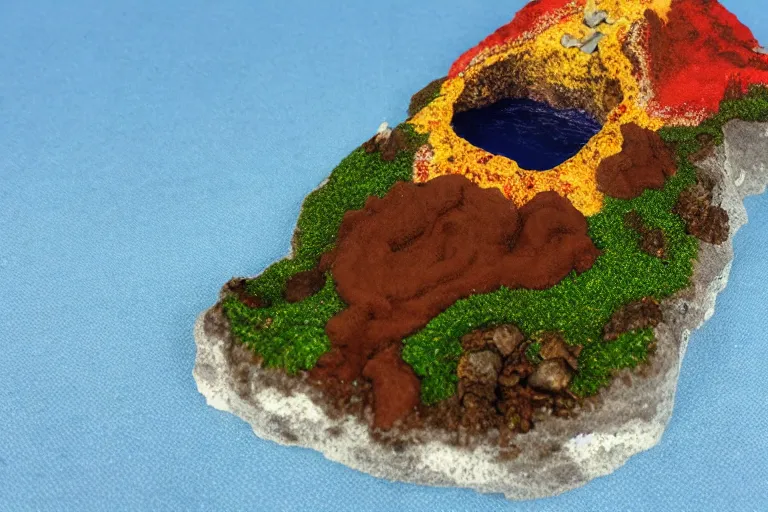 Image similar to miniature volcanic island made of candy, diorama picture, 5 5 mm, candy - island