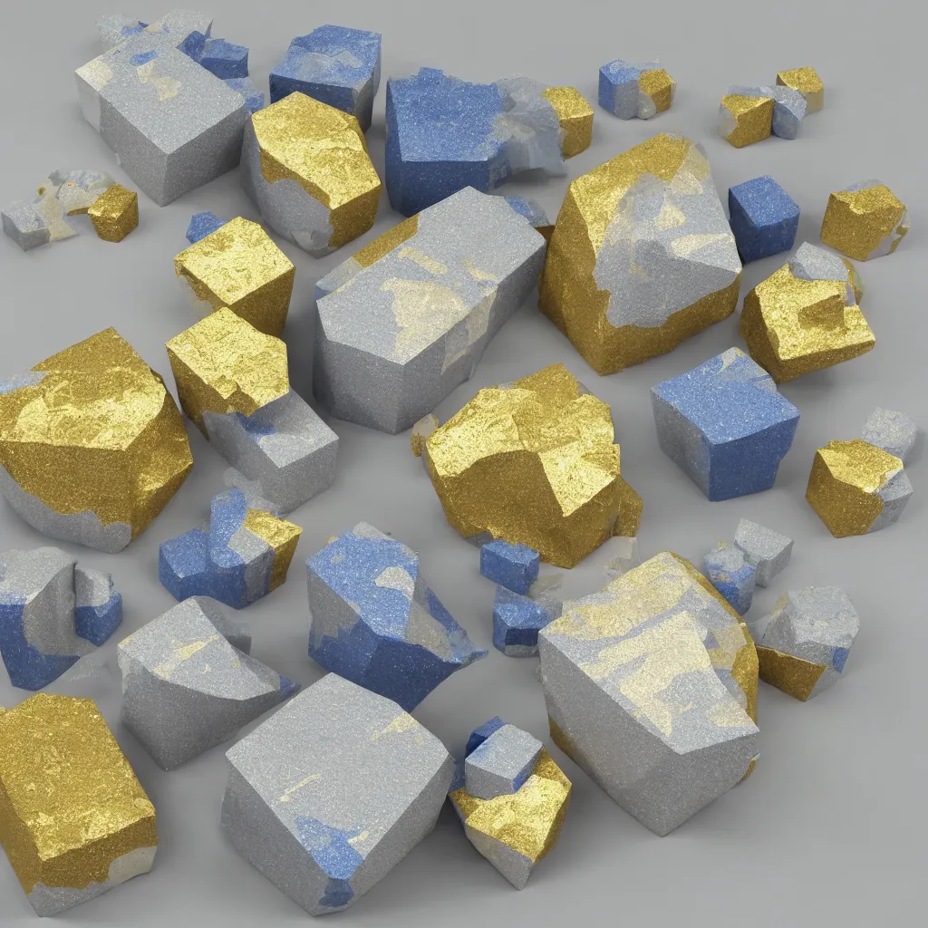 Image similar to 3 dimensional solid large globular geometric 3 d shapes made of solid impasto oil paint, with strong top right lighting creating shadows, each shape has a covering of sparkling golden pyrites cubes, colours cream and blue - grey