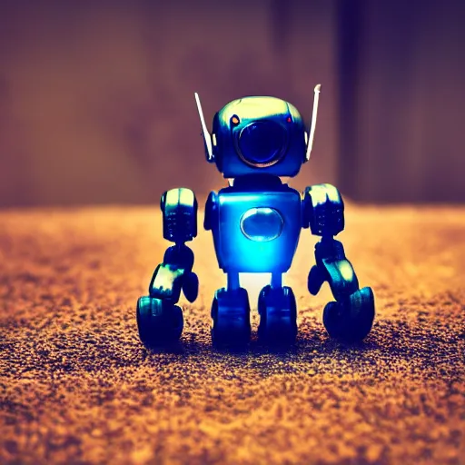 Prompt: tiny robot, professional photo, hdr, bokeh, sci fi