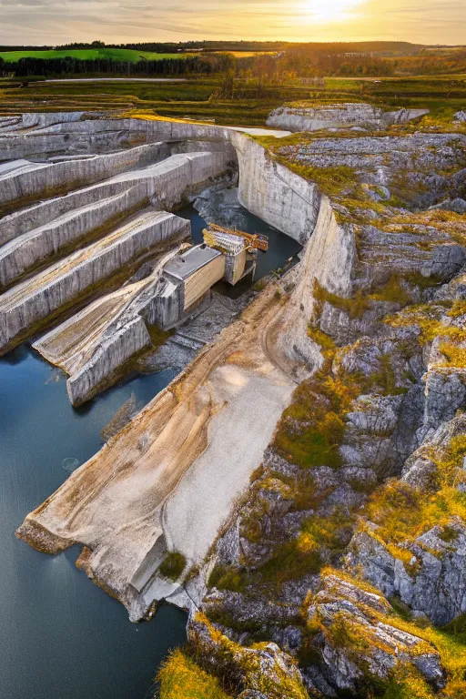 Image similar to a waterfilled limestone quarry, beautiful golden hour light, cinematic, oland in sweden, south of sweden