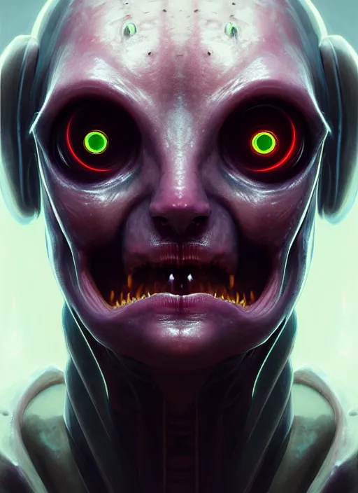 Image similar to portrait of a space alien, varying detailed skin, octane render, piercing glowing eyes, realistic render, detailed, ugly, slimy unreal engine, symmetrical!!, greg rutkowski and ruan jia, cinematic