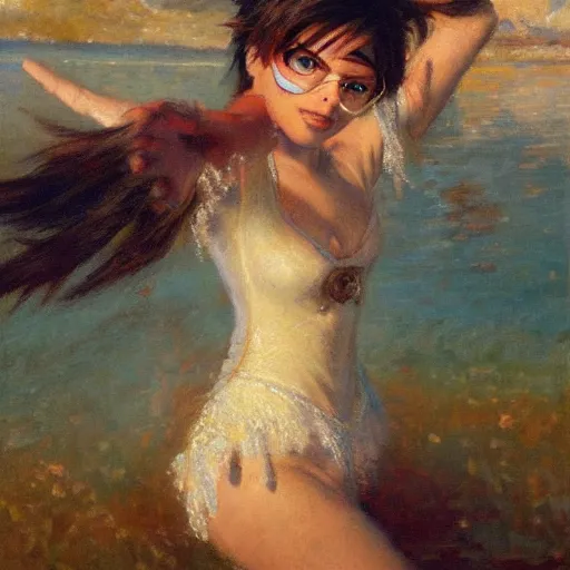 Prompt: Gaston Bussiere portrait of Tracer (Overwatch) swimming in the middle of a crystal clear lake