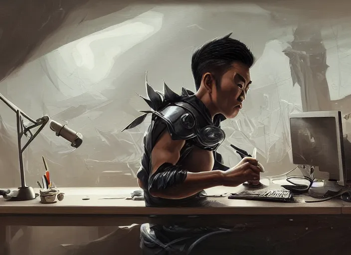 Prompt: an insanely detailed painting of an asian man wearing a homemade superhero costume, sitting at a desk, staring seriously at the computer and typing, in the style of peter mohrbacher, james jean, ruan jia, dramatic lighting and composition, surreal background, octane render, pixar, trending on artstation, concept art, comic book, view from behind, 8 k