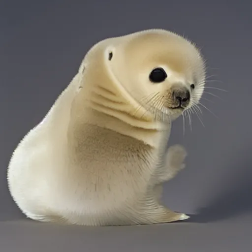 Image similar to a baby harp seal petrified in amber, museum photo