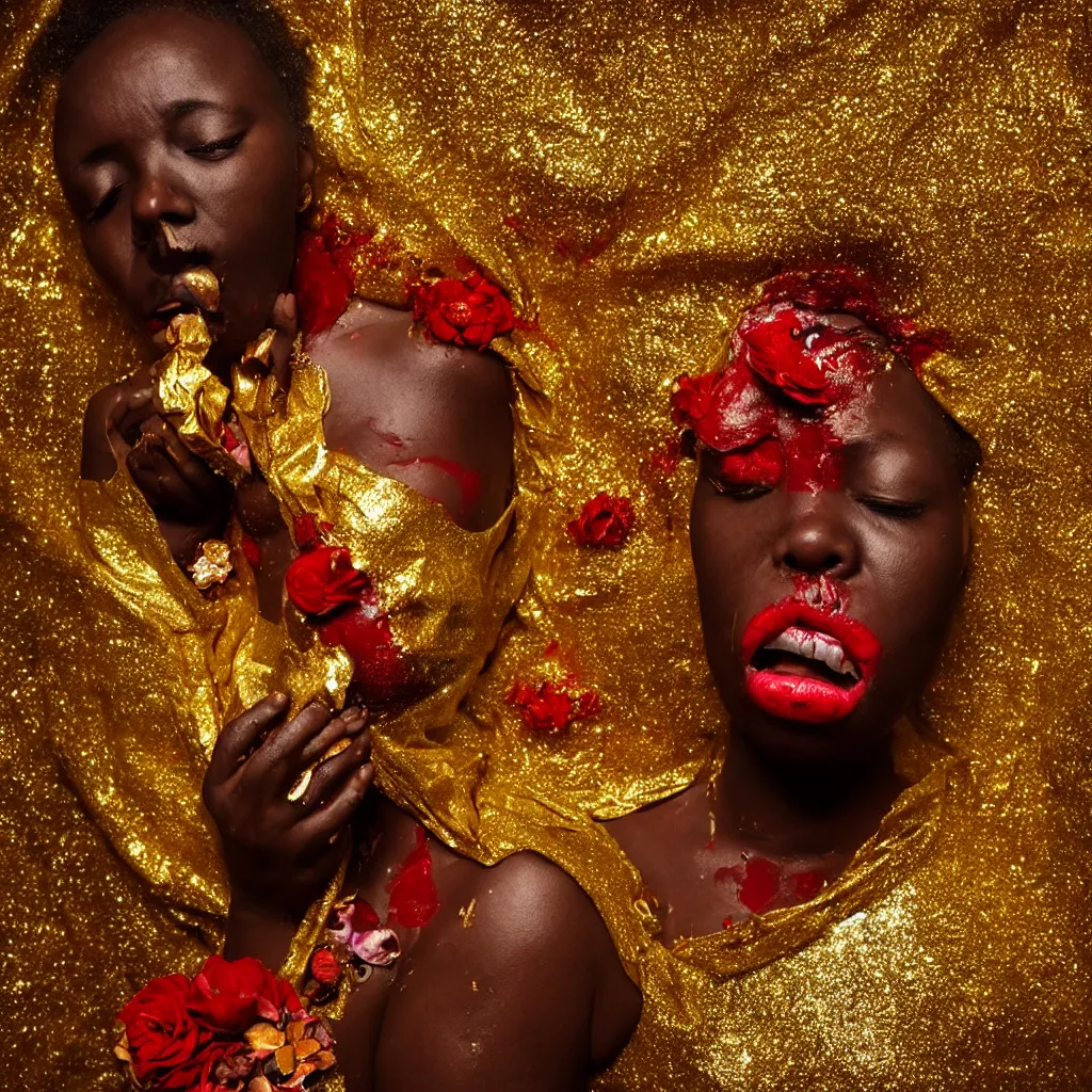 Prompt: award winning emotional heartbreaking full body photo of african woman puking blood, fat and thin body, draped in shiny golden oil, red lipstick, tease, flowers and gold, vivid colors, weird and disturbing, symmetrical face, neon lights, studio lighting, wide shot art by sally mann & arnold newman