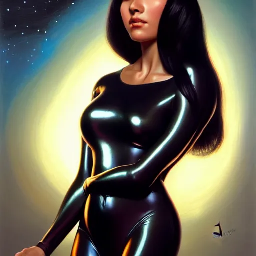 Image similar to a portrait of a very beautiful woman in a spacesuit, Alexandria\'s genesis, shoulder-length black hair, bored, illustration, soft lighting, soft details, painting oil on canvas by mark arian by artgerm, trending on artstation, 4k, 8k, HD