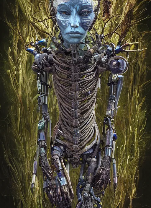 Image similar to hyper - detailed fine painting of a synthetic humanoid hybrid cyborg shaman half cybernetic and half made of plants and wood, concept art magical highlight