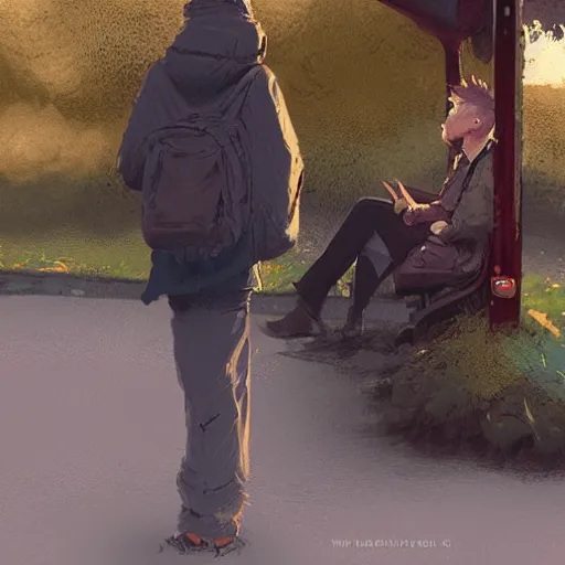 Image similar to a young man waiting at the bus stop in ireland, digital art by greg rutkowski