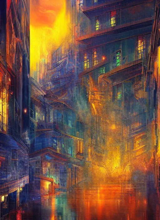 Image similar to ethereal starlit city of dreams at sunset, italian futurism, da vinci, hd, digital painting