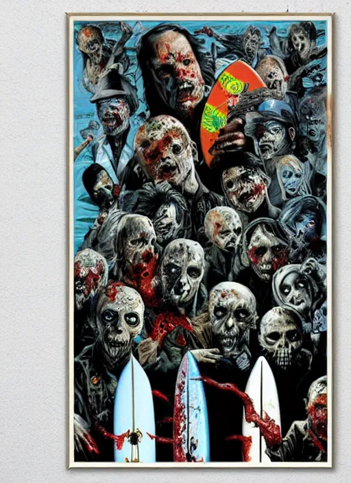 Image similar to a poster of a group of zombies on a surfboard, poster art by john carpenter, featured on deviantart, toyism, movie poster, concert poster, poster art