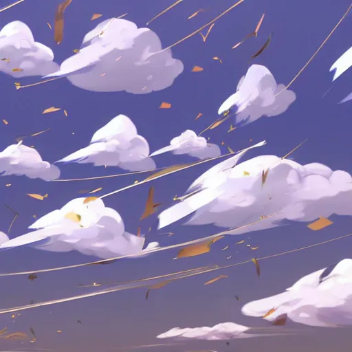 Prompt: background art of flying longswords flowing and floating through the blowing directional wind on a simple cloudy sky background, big puffy clouds, large individual rose petals, angular background elements, polygonal fragments, anime, studio ghibli, artgerm, manga, trending on artstation, art nouveau, mature color scheme