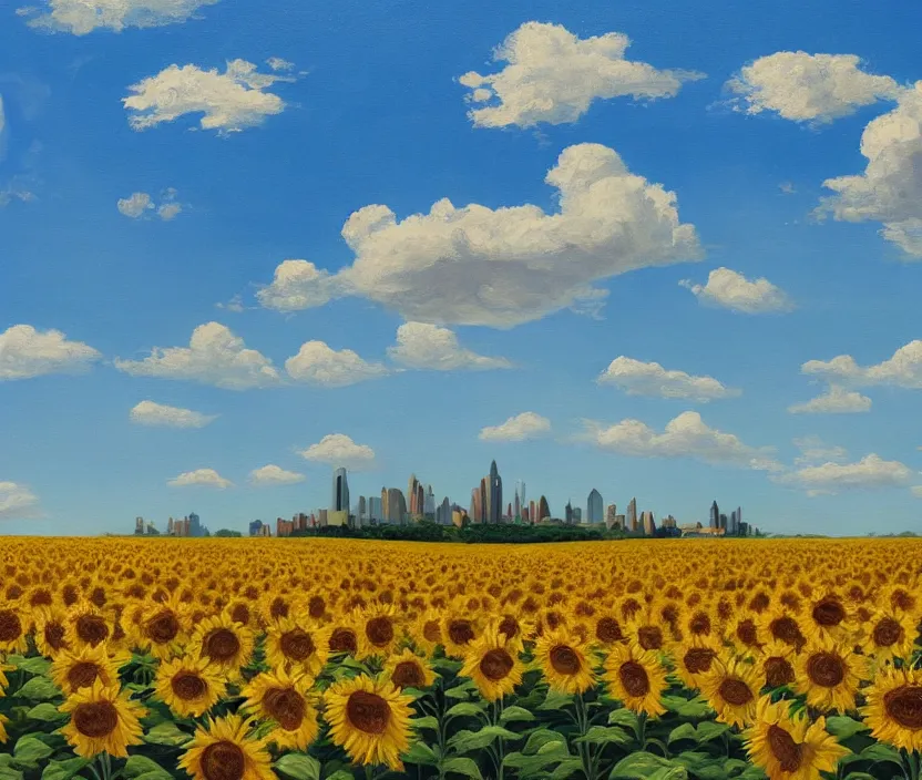 Image similar to a very detailed painting of a sunflower field, baby blue sky with very aesthetic stylized clouds, there is a city with futuristic buildings in the back, there are blue mountains in the back, in the style of edward hopper and hugo pondz, very fine brushstrokes, 4 k,