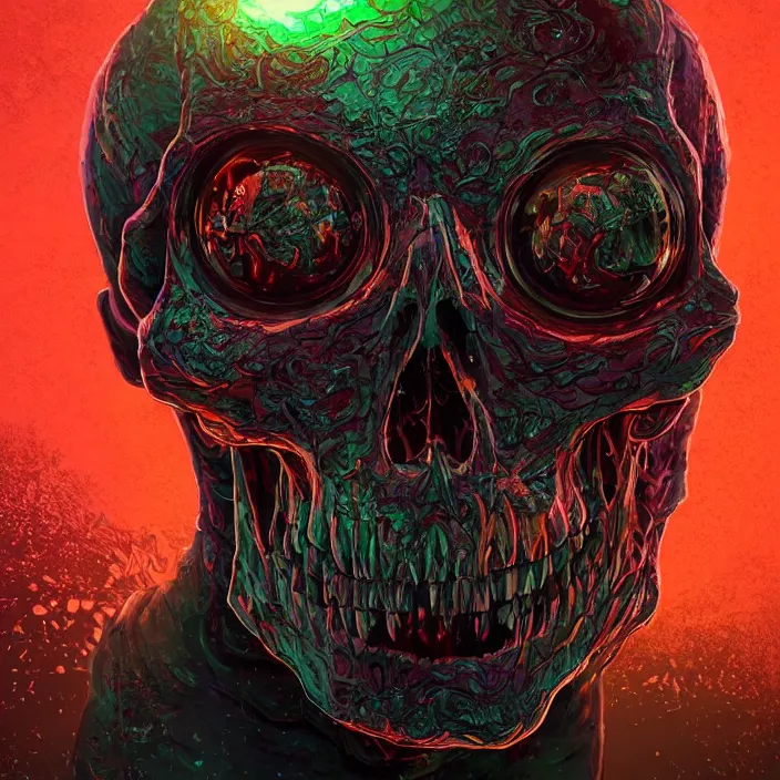 Prompt: portrait of a glowing skull. razor sharp teeth. infected with zombie fungus. intricate abstract. intricate artwork. nightmare fuel. by Tooth Wu, wlop, beeple, dan mumford. octane render, trending on artstation, greg rutkowski very coherent symmetrical artwork. cinematic, hyper realism, high detail, octane render, 8k, iridescent accents