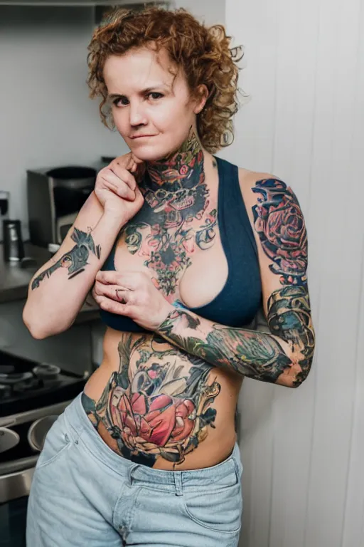 Image similar to a woman posing for the camera in a kitchen, a tattoo by louisa puller, trending on cg society, superflat, 3 2 k uhd, hd, 4 k