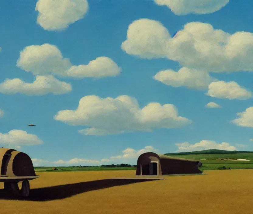 Prompt: a very detailed painting of a spaceship on a field, baby blue sky with very aesthetic clouds, in the style of edward hopper and huggo pondz, very fine brushstrokes, 4 k,