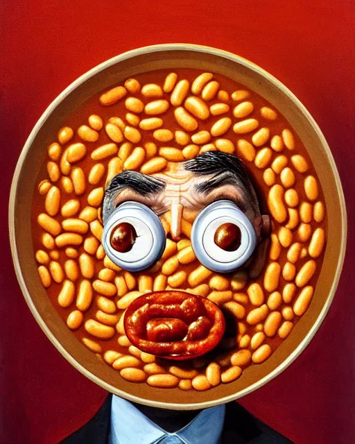 Prompt: portrait of mr bean's face in a bowl full of baked beans, face covered in beans and tomato sauce, beans in his eyes sockets, pile of beans on his head, baked beens instead of eyes, open mouth full of with baked beans, overflowing with baked beans, rowan atkinson, muted colors, surrealist oil painting, highly detailed