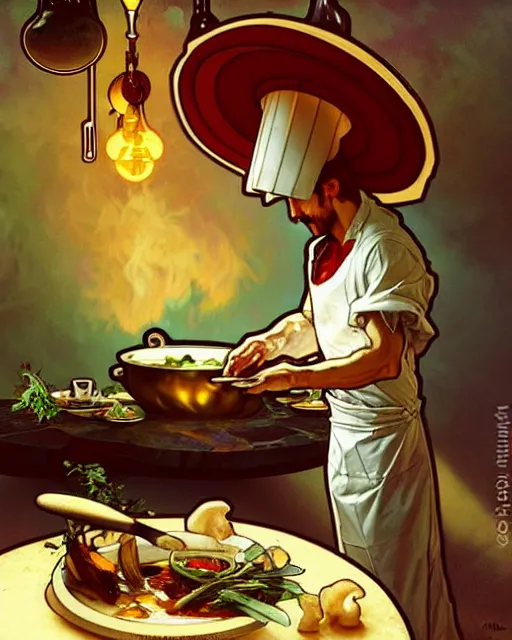 Image similar to an anthropomorphic mushroom chef cooking a meal, art by greg rutkowski and alphonse mucha