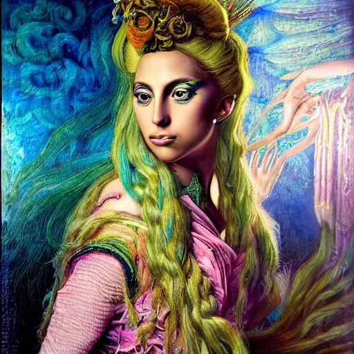 Image similar to photo realistic, lady gaga artpop act ii, intricate detail, hyper detail, gaston bussiere, sandro botticelli style, with neon aqua rapunzel dreadlocks, detailed, masterpiece, sharp focus,