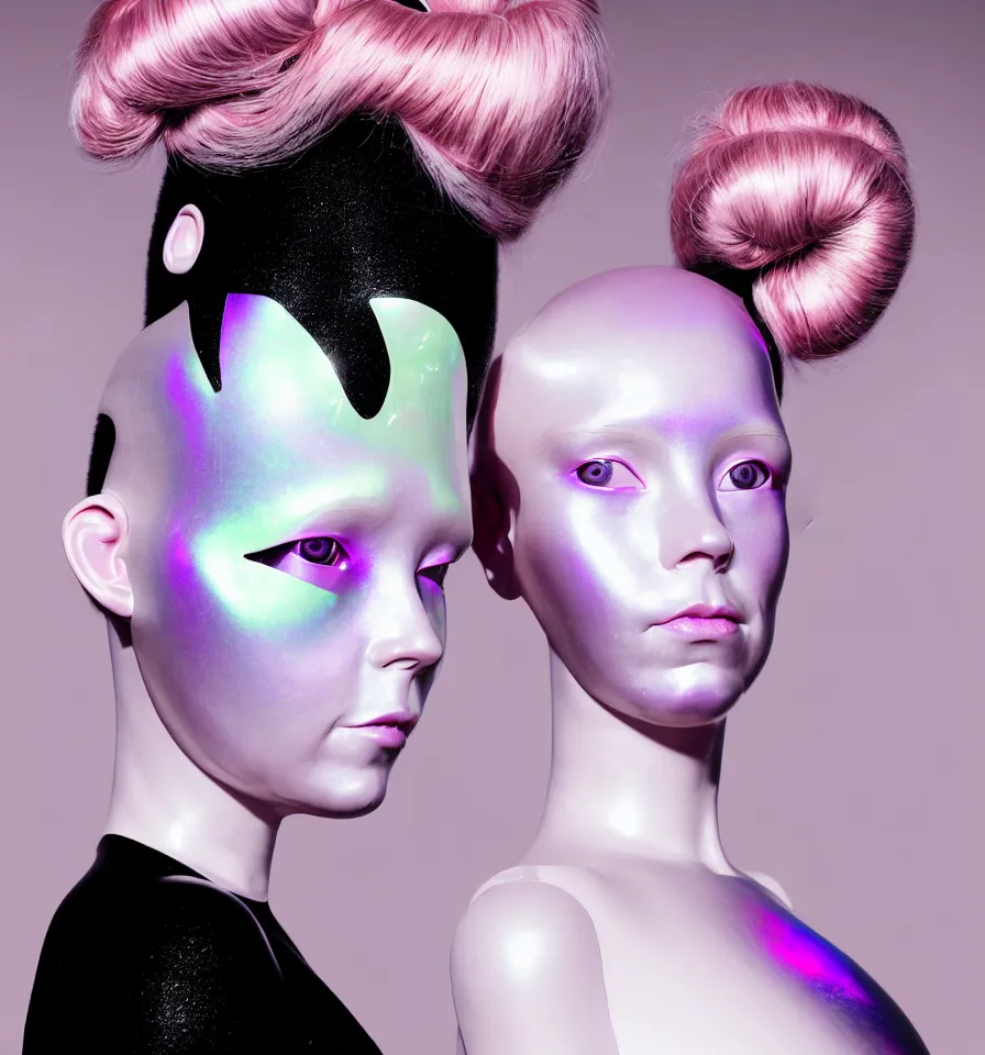 Image similar to portrait of a alien futuristic goddess wearing an art nouveau iridescent beauty mask and pink hair buns, wearing a black bodysuit by alexander mcqueen, cream white background, soft diffused light, biotechnology, humanoid robot, perfectly symmetric, bjork aesthetic, translucent, by rineke dijkstra, intricate details, highly detailed, masterpiece,