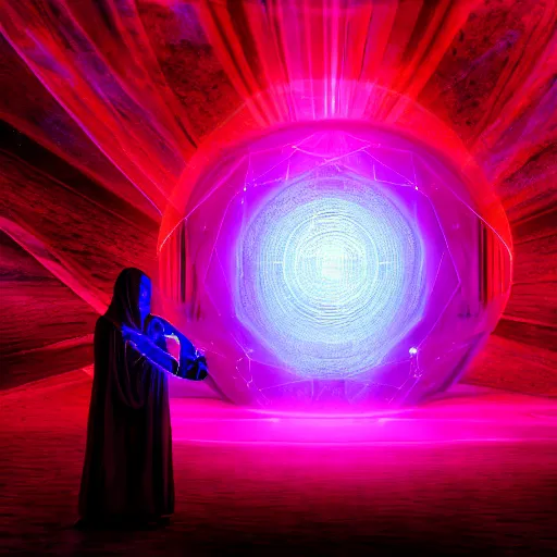 Image similar to A space wizard stand in front of giant, glowing crystal sits in the center of a dark room, Strange symbols line the walls, and a soft light glows from somewhere deep within the room, highly detailed, digital photo, HDRI, by christopher bretz and kael ngu, vivid colors, high contrast, 8k resolution, intricate, photorealistic, smooth, psychedelic color scheme, concept art, award winning, cg society contest winner