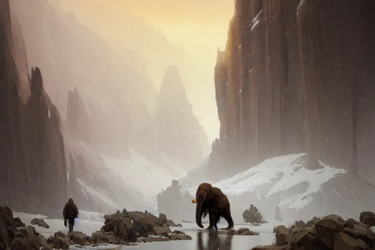 Image similar to a mammoth walking in a terrible snowstorm, luminous sky, by greg rutkowski and alphonse mucha, gradient brown to white, rocky mountains background, highly detailed landscape, digital painting, artstation, concept art, smooth, sharp focus illustration