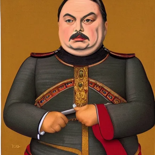 Prompt: id photo of a viktor orban in emperor outfit, art by fernando botero