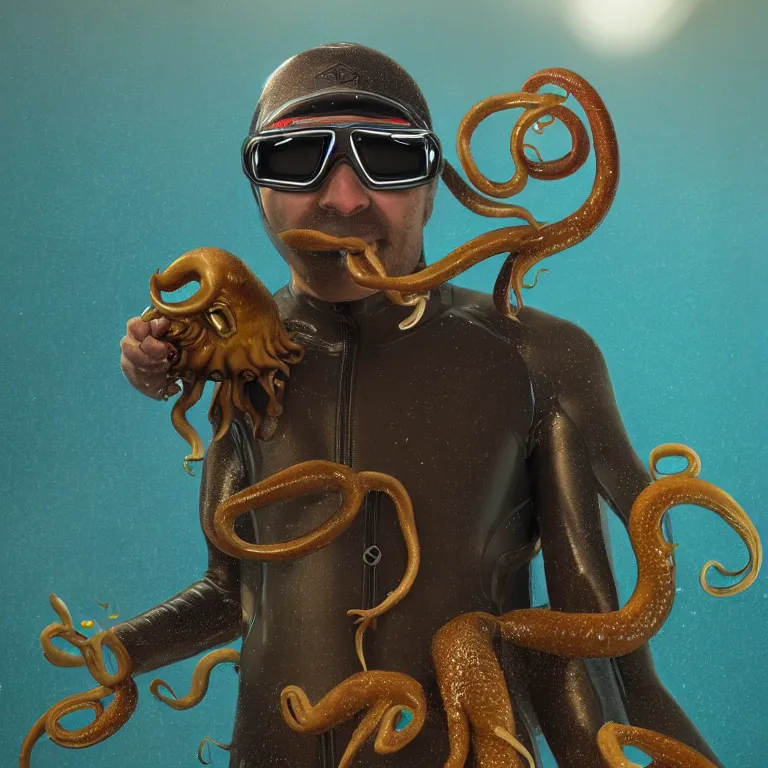 Image similar to octane render portrait by wayne barlow and carlo crivelli and glenn fabry, subject is a man in a wet suit with goggles with giant long golden octopus tentacles coming out of their mouth, cinema 4 d, ray traced lighting, very short depth of field, bokeh