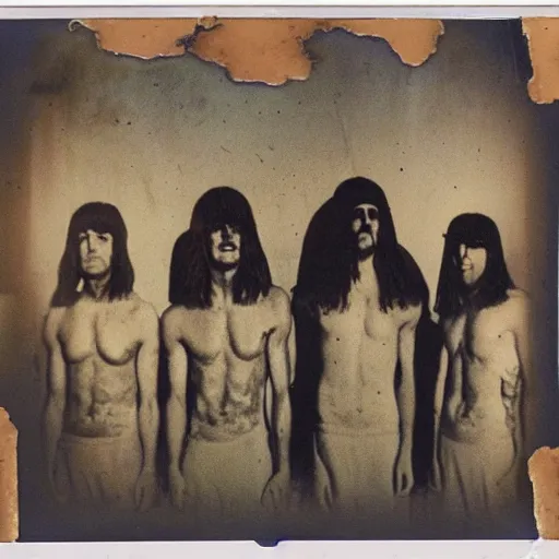 Prompt: Polaroid photo of fragmented Egyptian sculpture of the Beatles