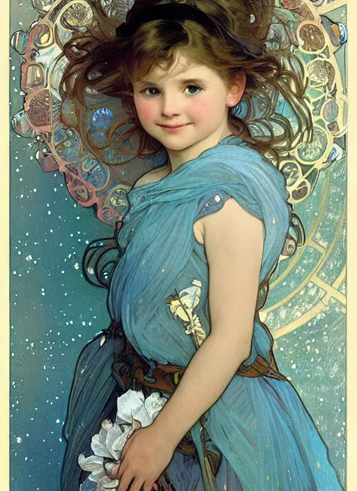 Image similar to a cute little girl with a round cherubic face, blue eyes, and short wavy light brown hair smiles as she floats in space with stars all around her. she is wearing a turquoise dress. beautiful painting by alphonse mucha and artgerm and greg rutkowski