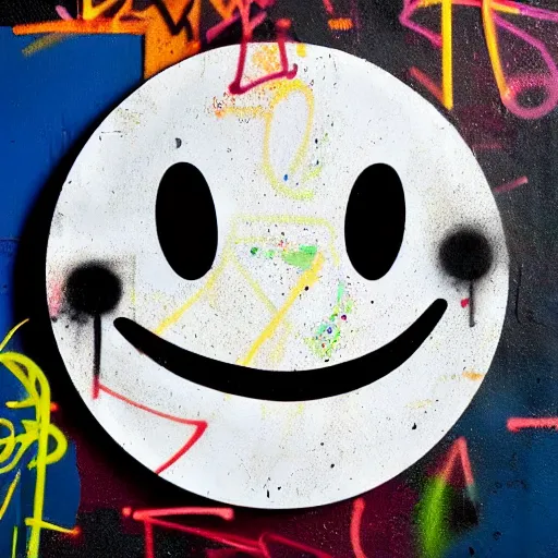 Image similar to grafitti smiley face, spray paint texture, in style of futura 2000, artsy