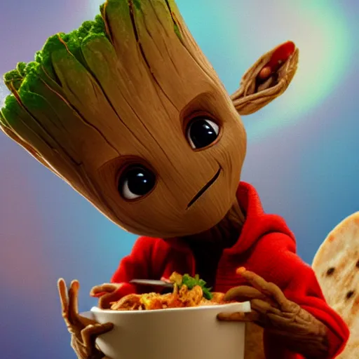 Image similar to Baby Groot eating a burrito while sitting on a soft red rug, hyperdetailed, artstation, cgsociety, 8k