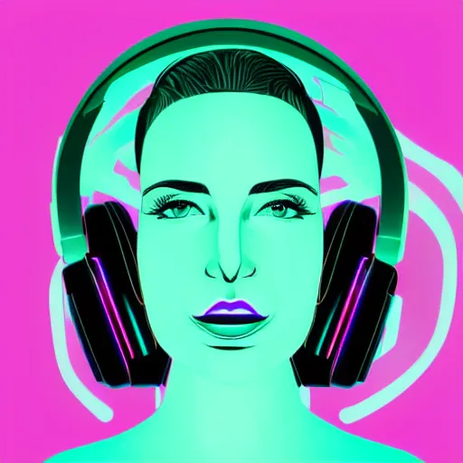 Image similar to a close up of a female face with headphones and retro colours, synthwave style, 2d digital vector art