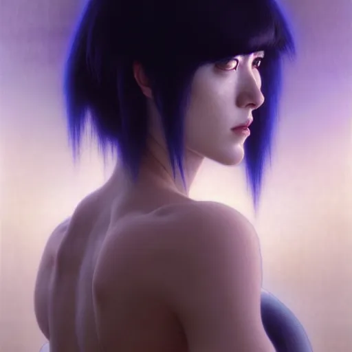 Image similar to Masterpiece head and shoulder portrait of Major Kusanagi from Ghost in the Shell drawn by Donato Giancola and Tom Bagshaw, face by Artgerm and Edmund Leighton, Alphonse Mucha, background by James Jean and Gustav Klimt, 4k, porcelain skin, komorebi, french nouveau, trending on artstation, octane render, hyperrealistic