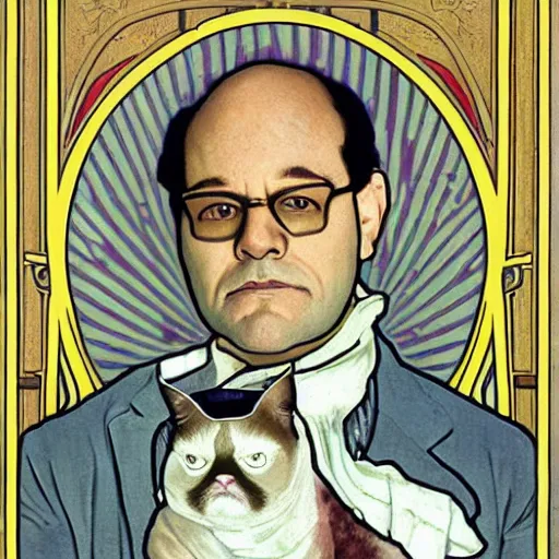 Image similar to “ portrait of george costanza from seinfeld holding grumpy cat, art nouveau, summer of george, by alphonse mucha ”