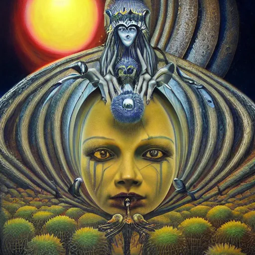 Image similar to the queen of the sun by jacek yerka, alex gray, zdzisław beksiński, dariusz zawadzki, jeffrey smith and h.r. giger, oil on canvas, 8k highly professionally detailed, trending on artstation