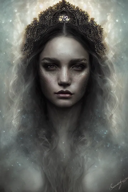 Image similar to majestic and regal portrait of a beautiful young female dark goddess!!, intricate, epic, elegant, menacing, fantasy, highly detailed, digital painting, hard focus, beautiful volumetric lighting, epic light, ultra detailed, souls, smoke, by leesha hannigan, ross tran, thierry doizon, kai carpenter, ignacio fernandez rios