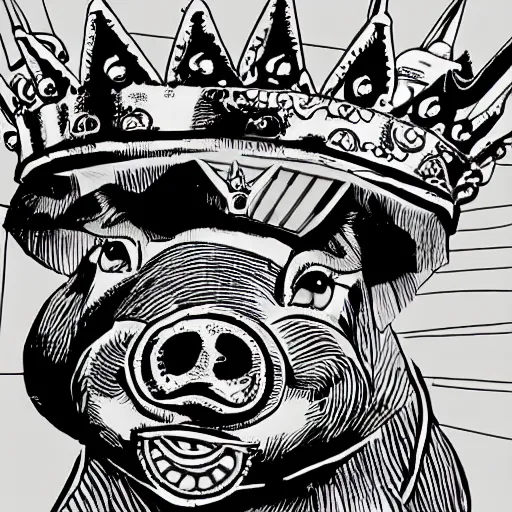 Prompt: detailed lineart comic book drawing of pig wearing a gold crown in the style of jim lee