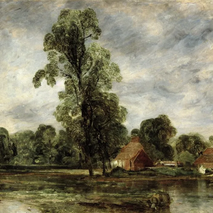 Image similar to a building in a serene landscape, by john constable