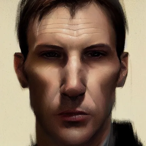 Image similar to Portrait of a man by Greg Rutkowski, he is about 40 years old, mixture between russian and irish, side parted combover brown hair, attractive, NARROW very very very very sharp face ANGULAR hawkish facial features, hooked nose , extremely pale white skin, smart looking, he is wearing a black trenchcoat, highly detailed portrait, scifi, digital painting, artstation, concept art, smooth, sharp foccus ilustration, Artstation HQ