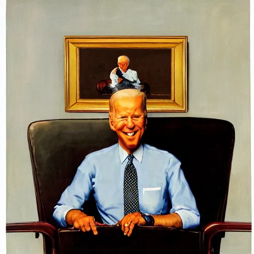 Image similar to eye level portrait painting by Norman Rockwell of Joe Biden sitting in a chair at a 45 degree angle from the camera. Cozy fire. Legs apart