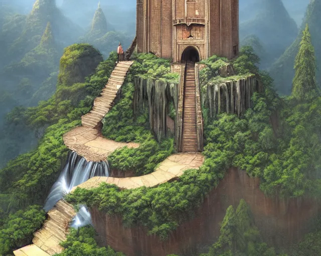 Prompt: Wide waterfall with a tower on top. Tower surrounded by an external spiral staircase. Distant bird's eye view showing the entire structure. Detailed gorgeous art, trending on ArtStation by Ted Nasmith.