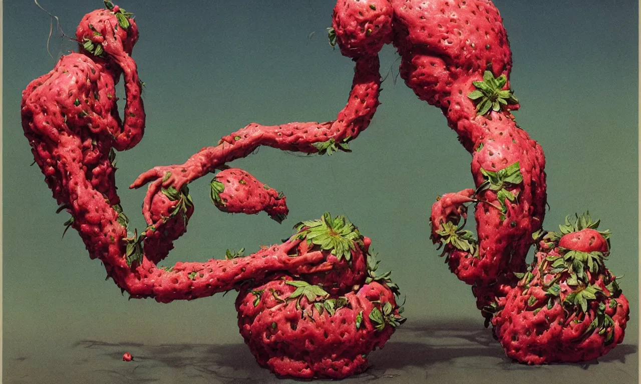 Prompt: a strawberry birthday cake, body horror, by gerard brom, zdzisław beksinski and ansel adams technicolor