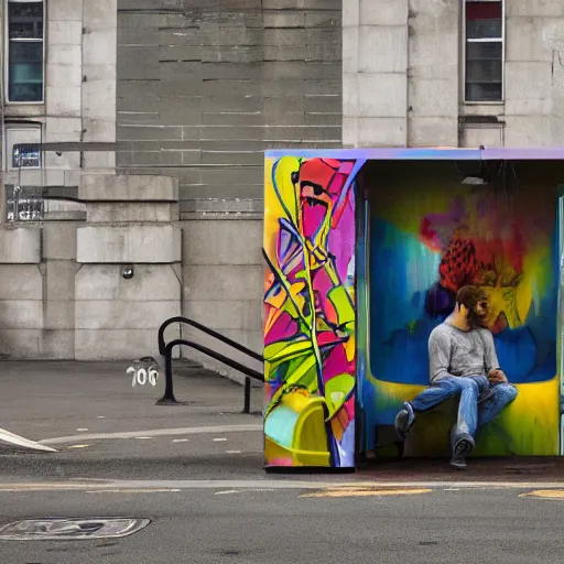 Prompt: a cabine booth with someone inside surrounded by beautiful street art, artwork by bansky