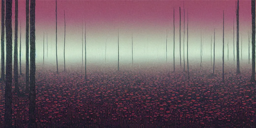 Prompt: grainy risograph matte painting, gigantic huge ( ( ( ( mech ) ) ) ) covered with wounds, black, a lot of exotic vegetation, trees, flowers, tall grass, pastel matte colors, staying in the foggy huge swamp covered with web and cotton and a lot of glow - worms, by moebius, hyperrealism, intricate detailed