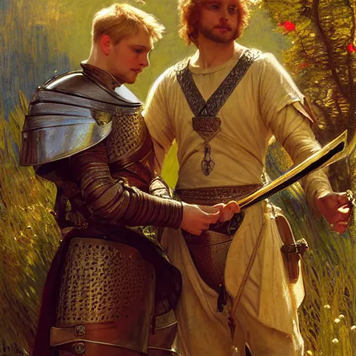 Image similar to attractive arthur pendragon and his attractive male knight, they are in love, natural lighting, path traced, highly detailed, high quality, digital painting, by gaston bussiere, craig mullins, alphonse mucha j. c. leyendecker