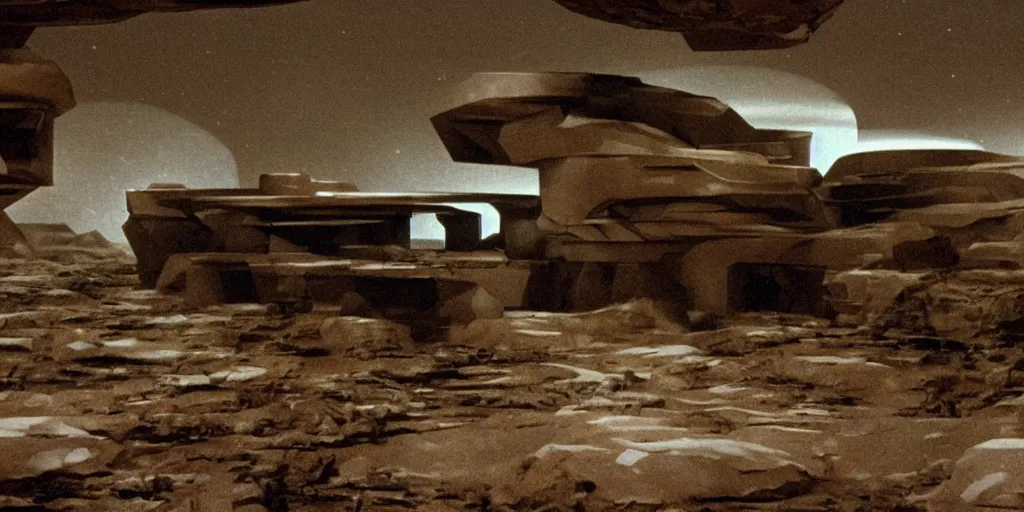 Image similar to sci - fi luxury building block, building near a mining cave on a desolate mining planet, dark and beige atmosphere, 1 9 8 0 s science fiction film screenshot, film still, dark science fiction, ridley scott